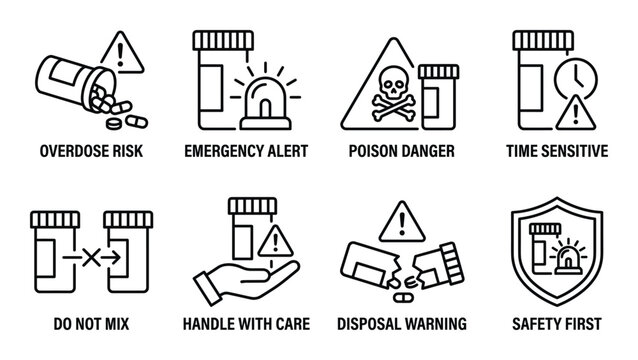 Overdose risk and emergency alert icons for medication safety including poison danger and disposal