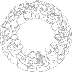 A diverse group of people holding hands in a circle, symbolizing unity and teamwork.