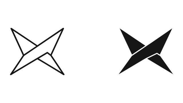 Black and white ninja star icon set on white background