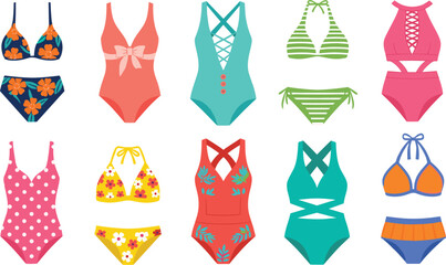 Fototapeta premium Women's Swimwear and Bikini Vector Set Featuring One Piece Swimsuits, Floral Bikinis, High Waisted Bathing Suits, and Summer Beach Fashion Illustrations for Vacation Design