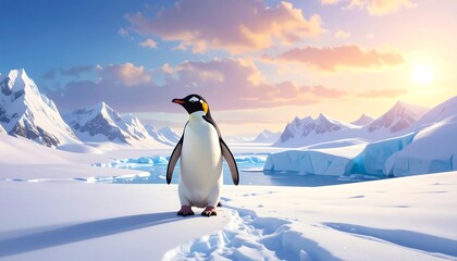A lone penguin stands on snowy terrain