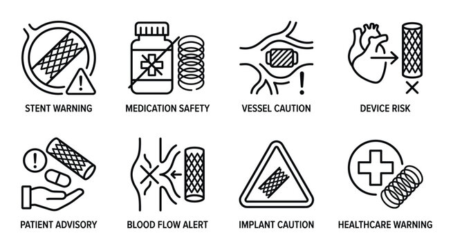 Stent warning and vessel caution line icons for cardiovascular implant safety and patient advisory