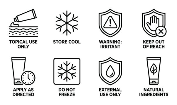 Topical cream application and storage warning icons for skin ointment and external use medications