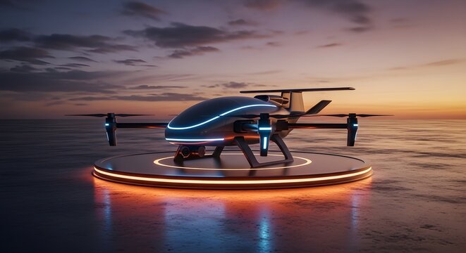 Autonomous Delivery Drone Resting on Smart Charging Dock at Sunset &ndash; Future Logistics and AI Powered Transport Automation Concept in 4K