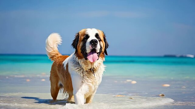 Saint Bernard Dog Walking on Beach Shoreline with Gentle Waves and Clear Sky