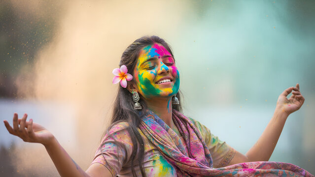 Beautiful young Indian woman celebrating Holi with vibrant colored powder and a joyous expression at an outdoor park. Holi celebration. A girl celebrities holi festival.