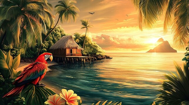 A vibrant tropical paradise scene showcases a rustic wooden hut nestled on a serene beach, framed by lush palm trees and a stunning sunset over the ocean.