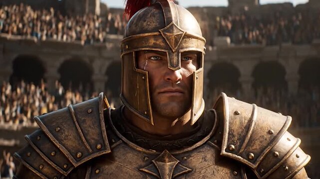 Ancient Roman Gladiator in Full Armor Standing in a Colosseum Arena, Awaiting Battle.