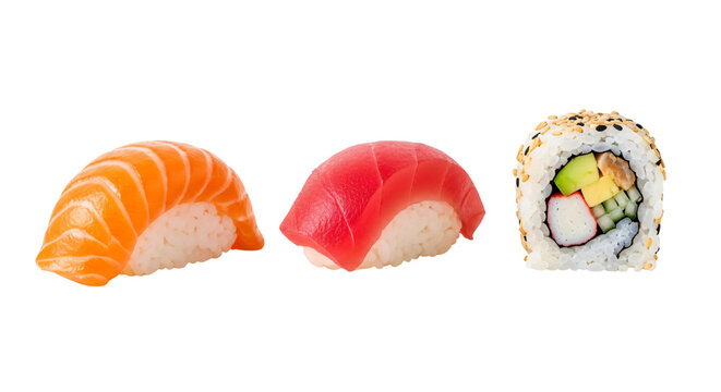 A plate of sushi with salmon and tuna nigiri and a maki roll isolated on transparent background
