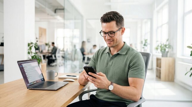 Smiling man in sage green polo shirt using smartphone at modern bright office desk with laptop and coffee, casual professional scene with natural light and plants