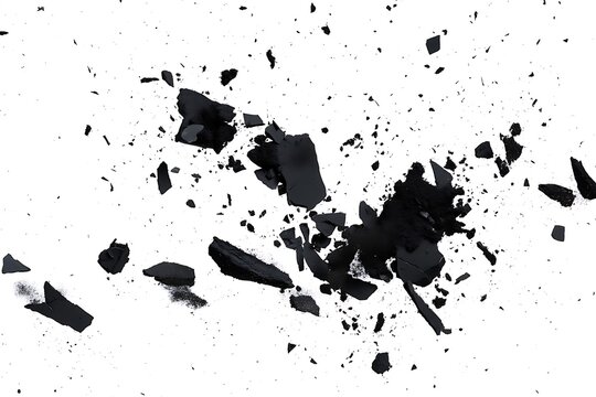 Black fragments and particles scattered on a plain white surface  broken pieces and dust