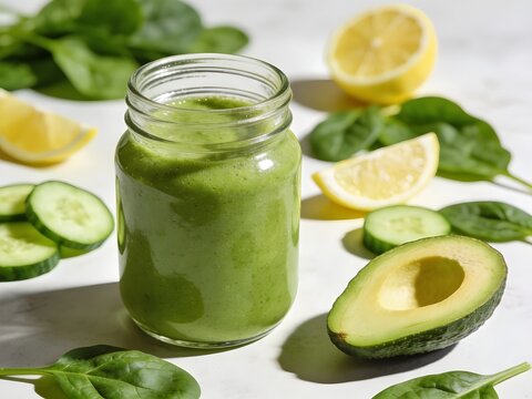 Bol de smoothie aux baies color&eacute;es et fruits verts d&eacute;tox vu de dessus, compos&eacute; de citron, menthe, avocat et kiwi frais, joliment dispos&eacute; sur une table en bois clair 