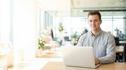 Young professional man working on laptop in bright modern office with natural light and plants, confident expression capturing productivity and calm atmosphere
