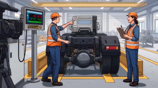 Technicians inspect truck chassis in plant. Male and female technicians wearing orange safety vests and hardhats perform systematic quality checks and diagnostics at an automated Illustrated animation