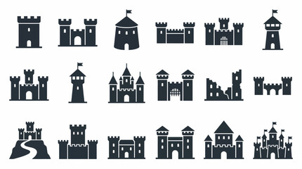 Collection of medieval castle silhouettes and fortress tower icons set on isolated white background, concept for game interface design, historical brand identity and architecture mapping