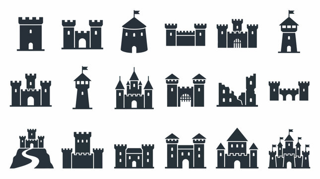 Collection of medieval castle silhouettes and fortress tower icons set on isolated white background, concept for game interface design, historical brand identity and architecture mapping