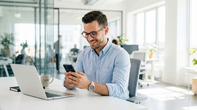 Young professional man in office smiling while checking smartphone, modern bright workspace and laptop on desk conveying focused productive mood
