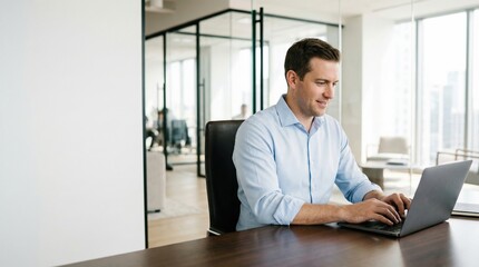 Professional man in light blue shirt typing on laptop at modern glass office desk, natural light and relaxed focused expression