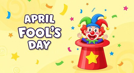 Obraz premium April Fool's Day clown with red hat popping from magic hat on yellow background