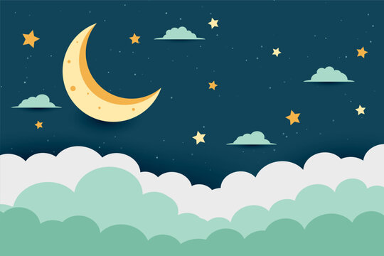 cartoon style half moon and stars dreamy background