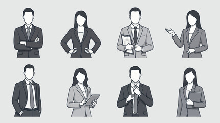 Set of professional minimalist line art illustrations featuring male and female corporate executives in suits with various poses, concept for corporate branding, employee training and career