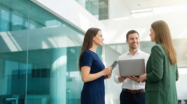 Three professionals holding laptop and tablet in modern office atrium discussing project collaboration with friendly expressions and natural light