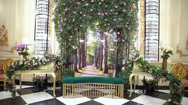 Wedding reception dinner decorations Dinner table setup sunset background. Close up decoration flowers candles Boohoo style. Romantic wedding reception party