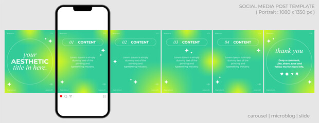 Microblog or carousel post template design for social media. Six page in portrait frame, seamless, aesthetic style with sea green and yellow gradient color theme © rendsign