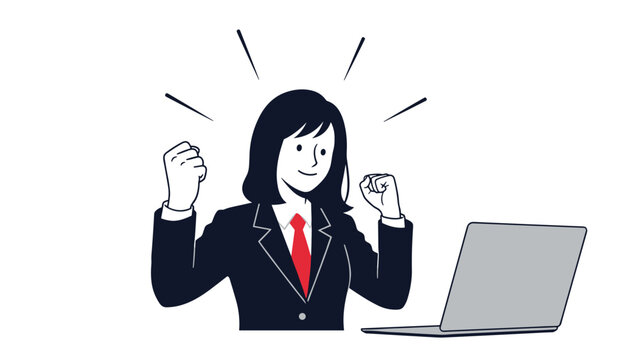 Successful businesswoman sitting at a laptop and raising both fists in celebration of a great achievement or win.