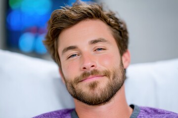 Fototapeta premium A smiling man with a beard and purple shirt looks relaxed