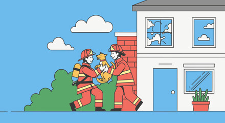 Naklejka premium Firefighters Rescue a Dog from a Burning House in a Colorful Cartoon Illustration for Emergency Service Promotions