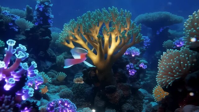 Tropical fish and colorful coral reef ecosystem underwater scene,deep blue sea animated background,ocean habitat