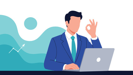 Confident young businessman in a blue suit works at a laptop and makes an okay gesture with a successful rising chart.