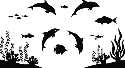 Black silhouette illustration of dolphins and fish swimming together in a coral reef underwater marine life scene © Eyaruna's World
