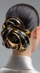 Obraz premium Woman with elegant black and gold floral hair bun accessory in studio, luxury fashion accessory, evening style, chic hair jewelry.