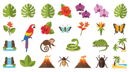 Tropical Icon Set: Vibrant Collection of Flora Fauna and Landscape Elements. © Abang