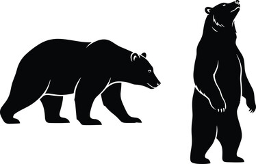 Obraz premium Set of Two Black Bear Silhouettes, One Walking and One Standing Up, Isolated on a White Background Vector Illustration