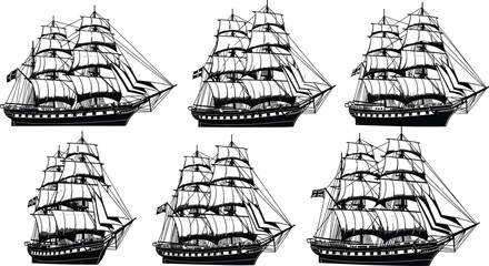 Six classic sailing ships with multiple masts and sails in detailed black and white line art illustration, maritime vessel design for history, education, nautical, and artistic concepts © MostArjuma