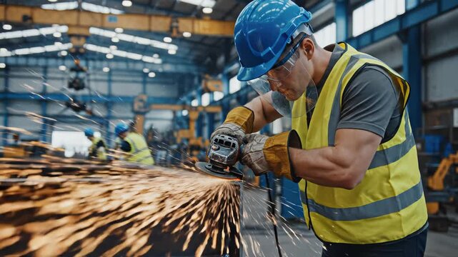 Worker grinding metal in factory