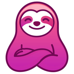 Fototapeta premium Sloth character smiles with crossed arms in bright pink gradient. Simple design lends fun feel. Concept of cartoon art, playful branding, children's themes