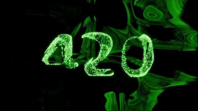animated horizontal motion background of glowing 420 particle digits within a green fluid liquid vortex for wide screen displays celebrating international cannabis day and weed culture.