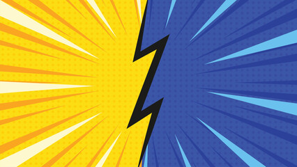 Dynamic comic pop art background with sunburst rays, bold diagonal split, and lightning bolt accents. © Trivic