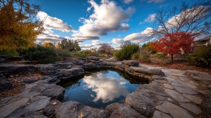 Tranquil pond reflecting dramatic clouds and autumn foliage in a serene natural landscape