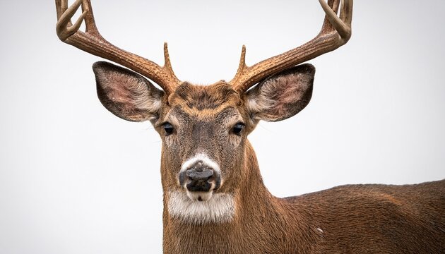 Whitetail Deer Buck Portrait Illustration With Brown Fur And Antlers On White Background
