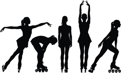 Roller skater silhouette set illustration, female figure skating action poses collection, black vector isolated background © Vexora Studio