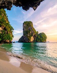 Naklejka premium A serene beach with turquoise waters and limestone cliffs
