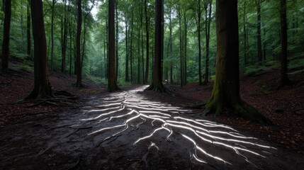 Illuminated forest floor showcasing intricate root systems beneath ancient trees, bathed in dappled sunlight
