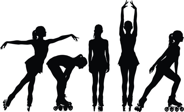 Roller skater silhouette set illustration, female figure skating action poses collection, black vector isolated background