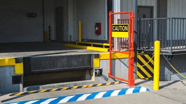 Loading dock gate with caution sign and safety chains in sunlight