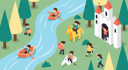 Obraz premium Children playing in a fairytale landscape with a castle river boats and wooden horses representing a summer camp or playground activity.